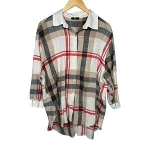 NT By Amati Womens 100% Linen One Size Fits Most Plaid Cream Red Button Up Shirt